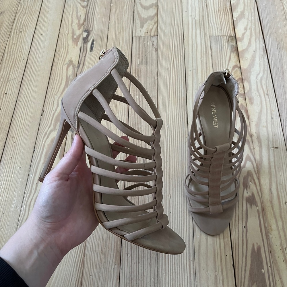 Nine West Racigirl Gladiator Stiletto Heels Womens 10 Nude Strappy Cage Sandals